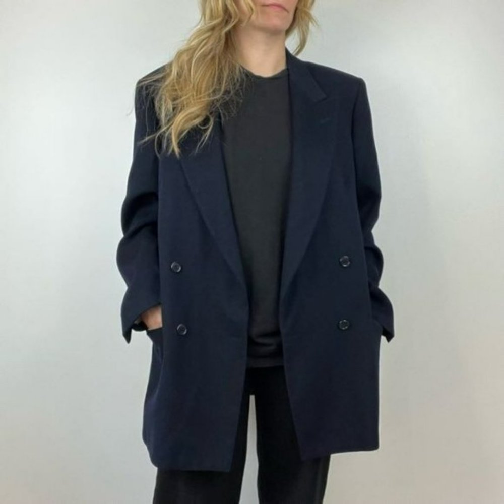 Vintage Andrea Silardi Wool Cashmere Navy Dark Blue Blazer Jacket Pockets M / L - Picture 2 of 16